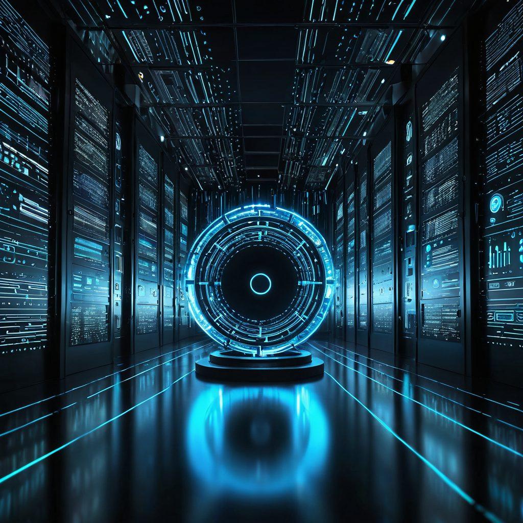 A futuristic digital landscape showcasing a secure file hosting environment. Visualize a glowing data vault surrounded by holographic shields and binary code flowing in the background. Include symbols of security like locks and shields, alongside vibrant lines representing data transfer. The atmosphere should blend technology with safety while using bright, contrasting colors. super-realistic. vibrant colors. 3D.