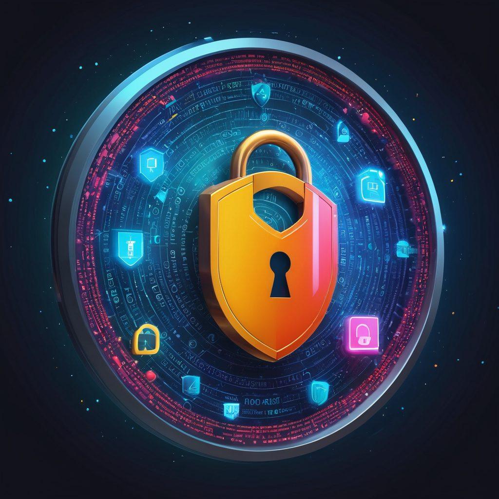 An abstract illustration representing document security, featuring a locked digital file surrounded by a shield of binary code, with floating icons of innovative security tools like encryption, cloud storage, and firewalls. The background should depict a blend of technology and professionalism, emphasizing trust and safety in file preservation. super-realistic. vibrant colors. digital art.