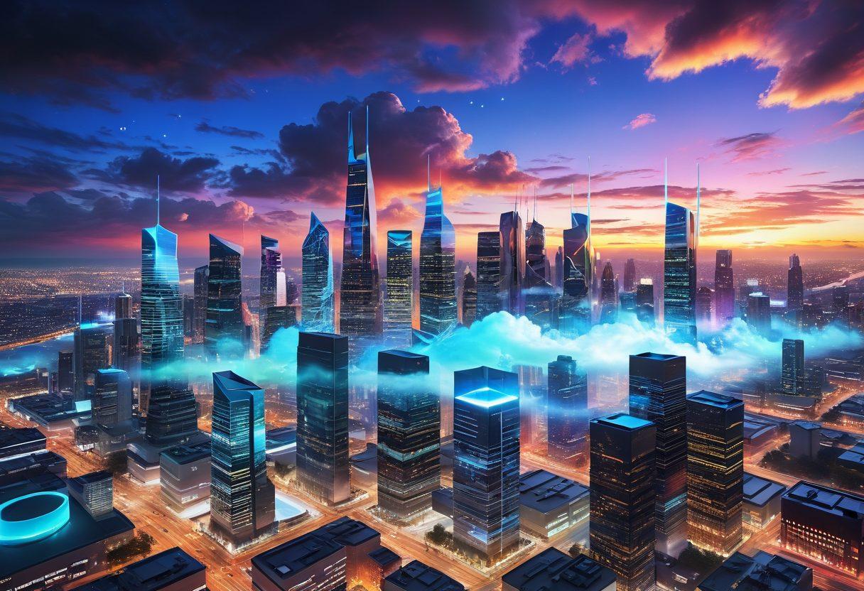 A futuristic digital landscape showcasing a network of interconnected files and folders seamlessly flowing through the cloud, symbolizing ease of accessibility and online management. Bright holographic elements representing sharing and collaboration, with diverse users interacting and exchanging data effortlessly. The background features a sleek city skyline to emphasize modernity and innovation. super-realistic. vibrant colors. 3D.